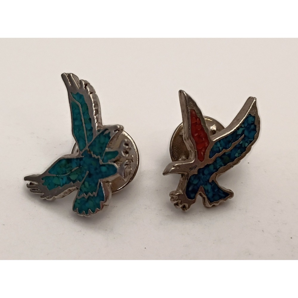 Vintage Silver Coral Red & Turquoise Chip Eagle Pendant Native American Pin 2 Pc
